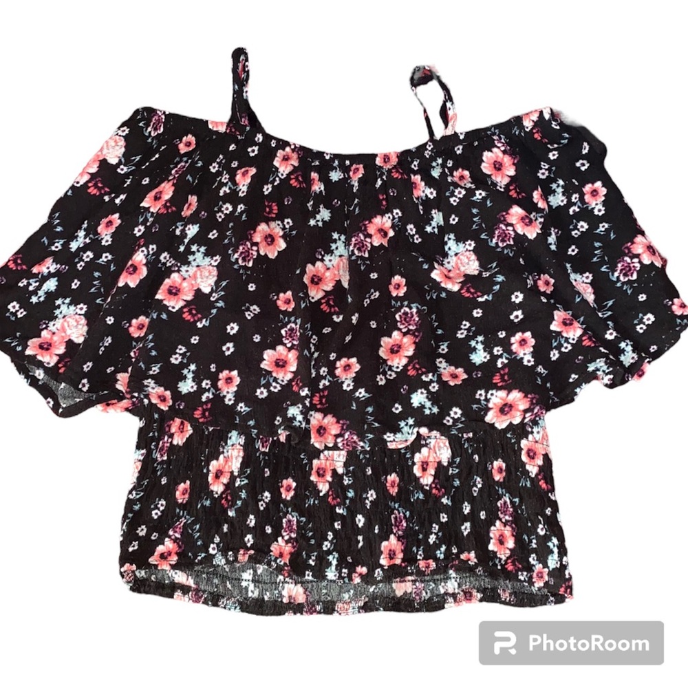 ‼️Black Floral Summer Cropped Blouse - Large (11-13)